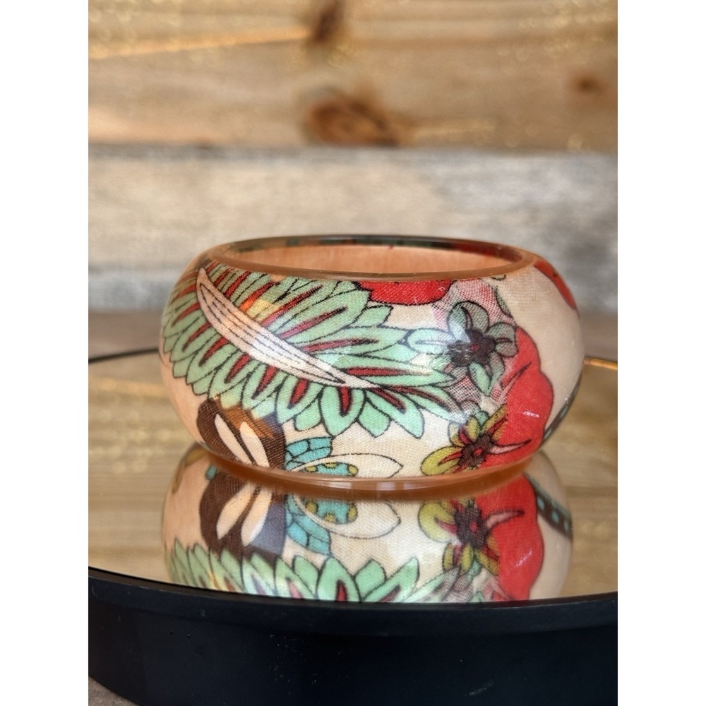 Vintage Chunky‎ Floral Material Clear Acrylic Overlay Fabric Bangle Bracelet